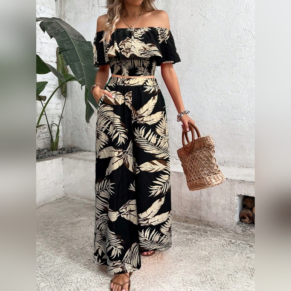 Ladies' Tropical Printed Off Shoulder Top With Lace Trim And Wide Leg